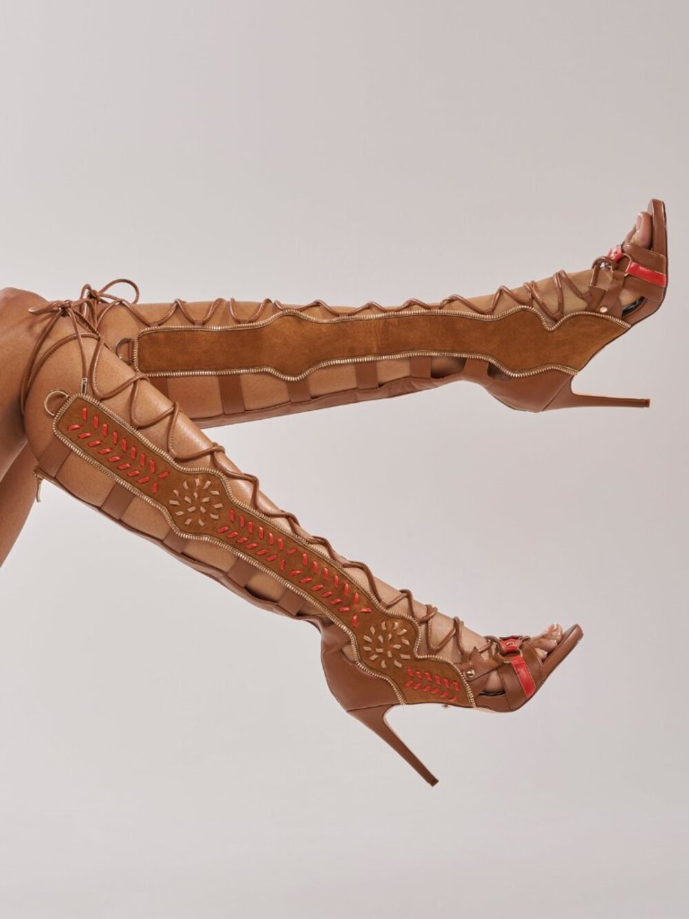 AKIRA Tan Lace-Up Knee-High Gladiator Sandals with Coral Accents - Picture 2 of 7